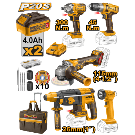 SET AVVITATORE+TRAPANO+MARTELLO PERFORATORE+SMERIGLATRICE ANGOLARE+LAMPADA